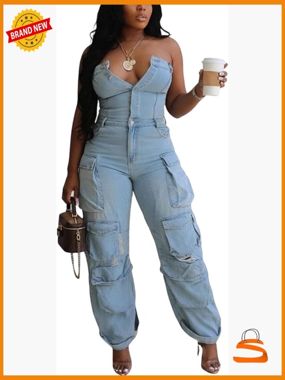 Strapless Denim Cargo Jumpsuit High Waisted Multiple Pockets Casual Outfit